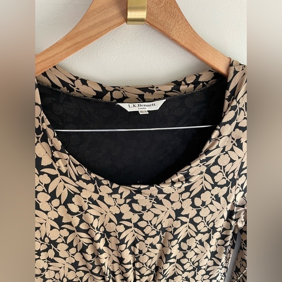 L.K. Bennett Jersey Scoop Neck Sheath Dress, Long Sleeve, Tan and Black Floral - Picture 2 of 3